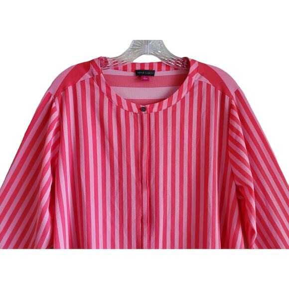 VINCE CAMUTO Women's L Tunic Top Pink Vertical Striped Button Up Long Sleeve 40" - Picture 2 of 7
